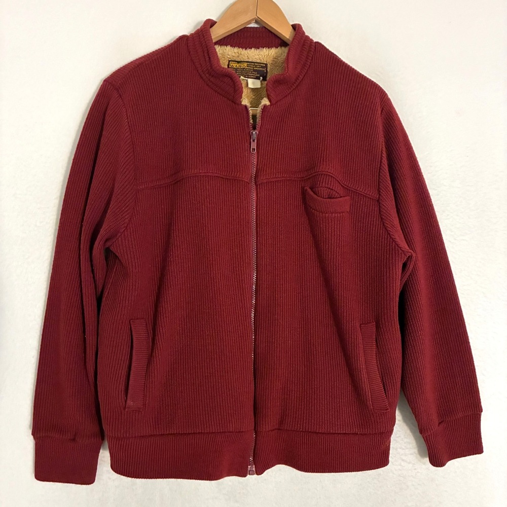 Vtg 60s Montgomery‎ Ward Knit Sweater Jacket Mens L Full Zip Fleece Lined Preppy